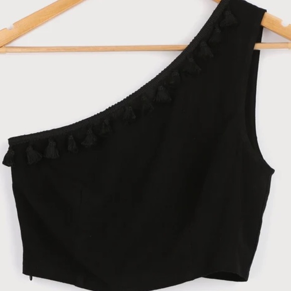 Linen Blend One Shoulder Tassel Crop Top & Wide-Leg Pants Set - Like New - Picture 12 of 17